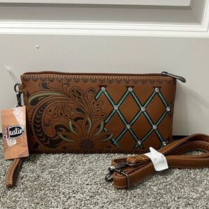 Justin Boots Brown and Teal Clutch